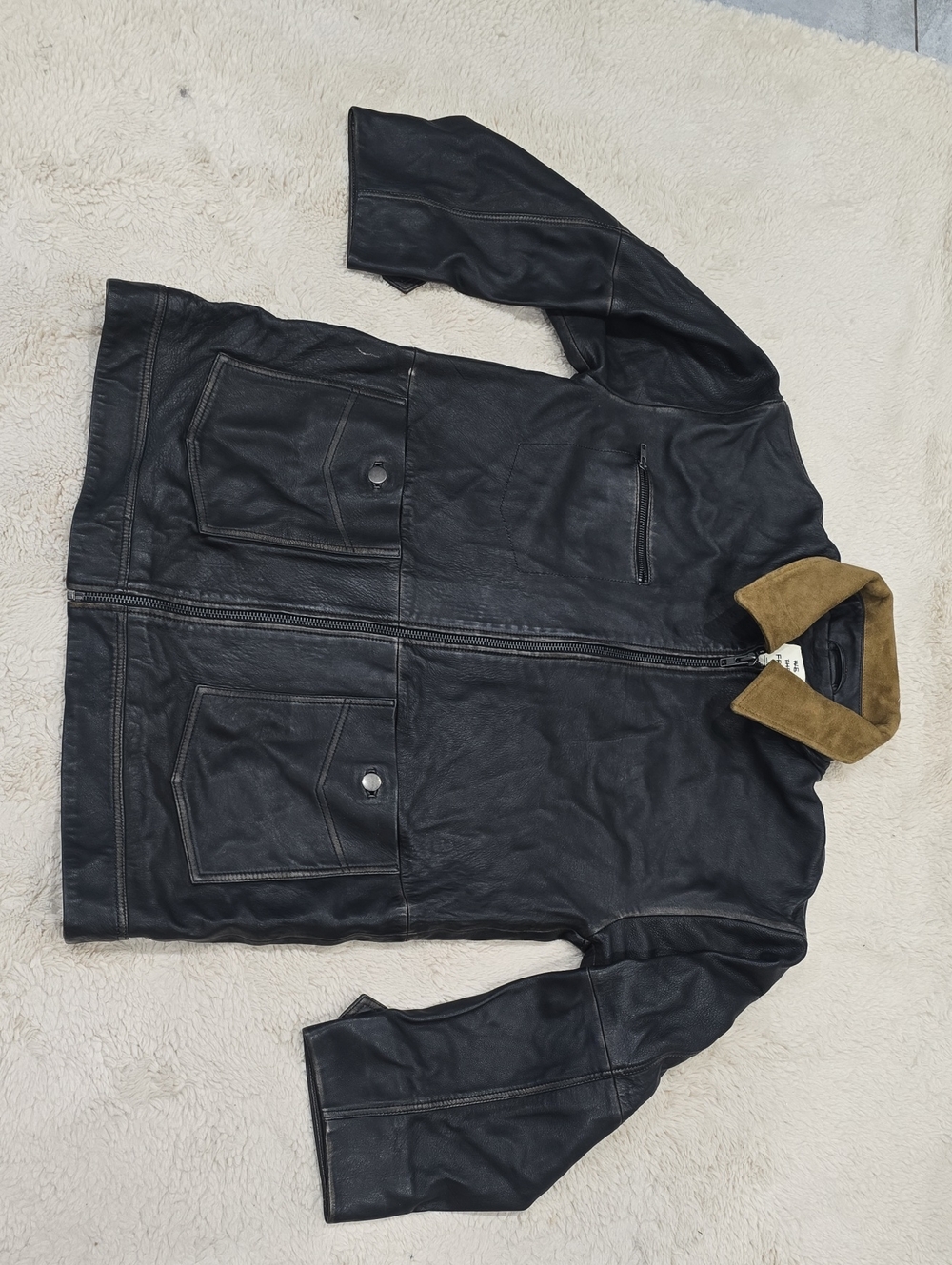 We The Free Black Leather Bomber Jacket with Tan Collar